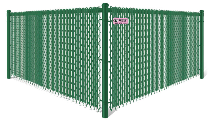 Green chain link fence with green privacy slats in Louisville Kentucky